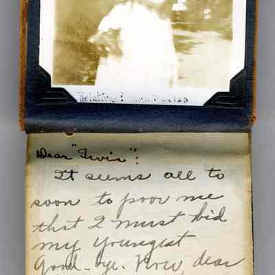 Relatives ? Mrs. Dunlap: Dear "Irwin" - It seems all too soon to poor me that I must bid my youngest good-bye. Now, dear when you are out in the world, be sure you do nothing that we wouldn't of done that night on the way home from Holland. Alice I am most awfully glad ... that you decided to come to Camp. Please write me often and when you next eat out in company don't use your soup spoon to eat your dessert. Remember your family  and I expect you to visit me when you come to old Illinois. Lovingly OrBly? ("Ma") Milk, Ice tea, hot tea please !!!