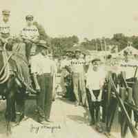          JayMeyersOnFerry.jpg 2.1MB; It's too bad we didn't have this picture when all the fuss was being made over the new Chain Ferry - because this is one of the best we've seen on the subject. This photograph was taken in 1907 and shows (left to right) Allie Daggett and Ivan Arends sitting up on the wagon. The ever popular Jay Myers is next with his famous pipe in place. The gentleman in the back with his hands on his hips is Mr. Vreeland. Russell Frehse has both hands on the crank handle, and is porting a brand new pair of knickers. Ross Phelps is on the outside crank. The ladies at the rear are not identified, but the horse's name was Dobbin, of course. [Caption text from an undated Commercial Record newspaper clipping]
   