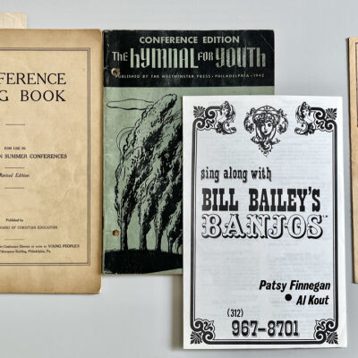 Music books and pamphlets: "Conference Song Book" published by Presbyterian Board of Christian Education 1926 (includes handwritten poem "Religus" by John Martin); "Hymnal for Youth" published by the Westminster Press 1942; "Sing Along with Bill Bailey's Banjos", undated; and "Sing Sing Sing Sing !" Compiled by R.A. Walker, undated