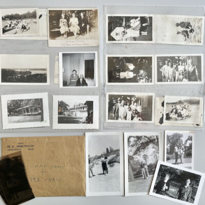Black and white photos and negatives: Mostly dated 1927, and with names written on the back. Images of Edwin and Marjorie as toddlers at camp; their parents, their grandparents Anna and Charles Pundt; photo postcard of Mr. and Mrs. Edna and Roderick "Rod" Walker and their daughter Rowena (Walker) Markham 1932; Mrs. Walker's aunt Mrs. {Addie} Jefferson; View from Mt. Baldhead in 1930s, Rod and Edna Walker Dec. 1963; the same social group in Lake Geneva and the Camp Gray beach in 1930; four photos from the 1930s of unknown teens.
B/W negatives in a H.C. Simonson envelope include images of the bus that transported campers, groups of campers or staffers, and the Swift Villa and  Administration Building in 1942.