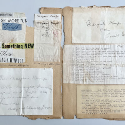 Majorie Kamps' Camp memento collage, includes envelopes signed by Betty and Charlotte Doxee(?) and Camille Genova, Majorie's tab at the store, staff barn dance tree quiz, and invitation to 1938-39 staff fellowship gathering in Chicag