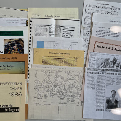 Collection of Presbyterian Camps newsletters, mailings and schedules from circa 1996 to 2008: Photocopies of Westminster Lodge map and Camp Gray dining room, map of New Richmond to Saugatuck canoe trip; photocopy of Langton's 1987 camp history with 1988 note from Ted and Dottie Shaw; photocopies of biographies of Ted and Dottie Shaw and Dixie Elder from unknown publication but likely "Sand Dunes, Rope Hikes, and Parsley: Presbyterian Camps Saugatuck, Michigan (1966-90)" (see 2018.28.01); photocopy of July 2010 Commercial Record article about efforts to purchase and "save" camp; undated flyer to fund-raise for Rose I and II cabins; possibly script from Edwin Kamps' video (CD of video at 2009.54)