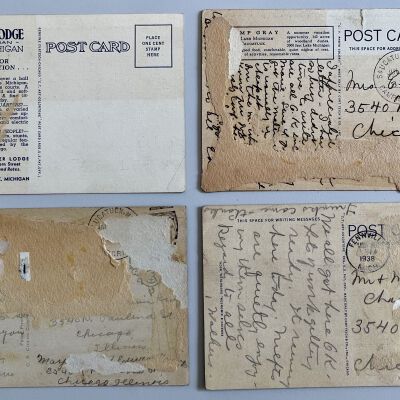 Postcards: Backs of cards damaged from pasting in a scrapbook.