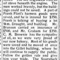          cr1902020705DouglasBuildingBurns.jpg; Brunson and Graham building, Frank Flint's harness goods, William Drought, C.M. Brownie,
   