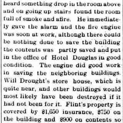 cr1904123005FrankFlintStoreBuildingBurns-Douglas.jpg: Frank Flint, Hotel Douglas, Will Drought's store house, J.F. Eaton, Mr. Hathaway