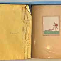          Inside front cover and pocket 1; Left: Envelope address to Mr. & Mrs. Henry Latas, 13 Cour Versailles, Palos Hills, IL 60465 from R. Lloyd & Company, Ltd., 15100 S. LaGrange Rd., Orland Park, IL 60462, postmarked 1986. The envelope contains a copy of the Oct. 19-25, 1958 The Chicago American TV Roundup (a television programing guide) with an illustration of Bishop Fulton J. Sheen by Nat Steinberg on the cover. 
Right: Matted and hand colored print titled 