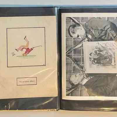 Pockets 4 and 5: Left: Fourth reproduction-rights reserved William Simmon's golfer ink drawing titled "Must come down"
Right: B/W photo of Nat Steinberg and a soldier in uniform holding up an image of a soldier being welcomed home by three women. The photo is signed "Best Regards Andrew Wermuth Major Inf, Nov 10, 1945" [see bio in pocket 14]