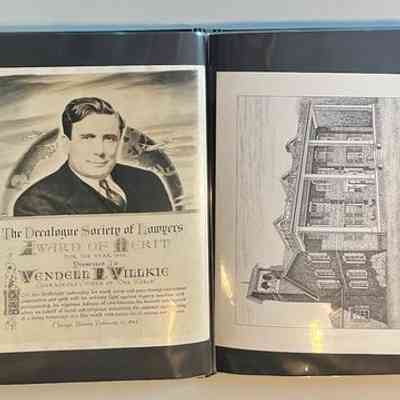 Pockets 6 and 7: Left: Photograph of a Steinberg-illustrated award for Wendell L. Willkie from the Decalogue Society of Lawers, 1945.
Right: International Archives print of Lindenwald, the home of Martin Van Buren signed by Scott Kiefer