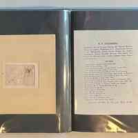          Pockets 10 and 11 [note pocket 8 is empty, pocket 9 contains another copy of the NPS CV]; Left: small etching of reclining nude by Steinberg.
Right: N.P. Steinberg artist's CV that was often attached to his prints
   