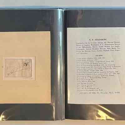 Pockets 10 and 11 [note pocket 8 is empty, pocket 9 contains another copy of the NPS CV]: Left: small etching of reclining nude by Steinberg.
Right: N.P. Steinberg artist's CV that was often attached to his prints