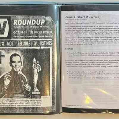 Pockets 12 and 13: Left: Photocopy of Bishop Sheen TV Roundup cover
Right: Biography of James Herbert Wilkerson printed from wikipedia, 2013 [see Wilkerson portrait at 2025.35.01]