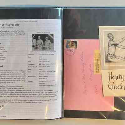 Pockets 14 and 15: Left: Biography of Andrew W. Wermuth printed from Wikipedia, 2013. [
Right: "Hearty Greetings" holiday card from Isabel Steinberg and envelope, 1983.