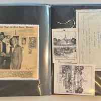          Pockets 16 and 17; Left: Laminated newspaper clipping dated July 26, 1973 with Prosch-Jensen photo of Nat Steinberg shaking the hand of John McMahon, Jr. at Steinberg's one man art show at the Red Barn Theatre. Mr. McMahon is in costume for his roll in the play 