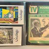          Pockets 18 and 19; Left: Two holiday cards with greetings from Isabele Steinberg.
Right: TV Roundup cover with Steinberg illustration of conductor Leopold Stokowski
   