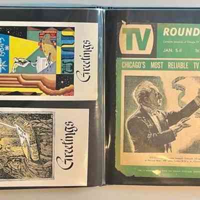 Pockets 18 and 19: Left: Two holiday cards with greetings from Isabele Steinberg.
Right: TV Roundup cover with Steinberg illustration of conductor Leopold Stokowski