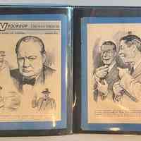          Pockets 20 and 21; Left: TV Roundup covers with Steinberg illustration of Winston Churchill
Right: TV Roundup pages with Steinberg illustration of Jos. E. Brown
   