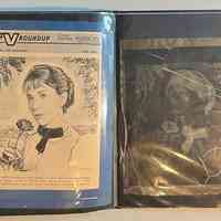          Pockets 26 and 27; Left: TV Roundup covers with Steinberg illustration of Julie Harris
Right: Print production negative of same Julie Harris portrait
   