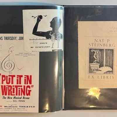 Pockets 32 and 33: Left: Promotional flier for "Put it in Writing" with an Al Hirschfeld illustration and unidentified clipping for "New Form of Temptation."
Right: Nat P. Steinberg Ex Libris book plate illustration.