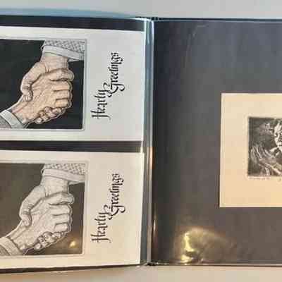 Pockets 34 and 35: Left: Two "Hearty Greetings" cards, one b/w, on hand colored.
Right: "Hands of Toil" etching by N.P. Steinberg