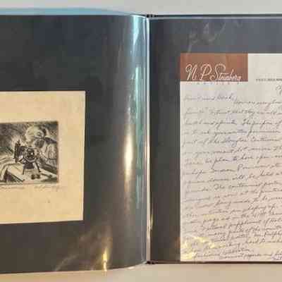 Pockets 36 and 37: Left: "Seamstress" etching by N.P. Steinberg
Right: Letter to Hank Latas from Nat P. Steinberg, April 29, 1970, asking permission to use Latas vacant lot for Douglas Centennial celebration.