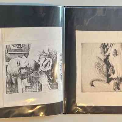 Pockets 38 and 39: Left: two photocopies of Commercial Record stories about Steinberg.  [original clippings at 2025.35.01]
Right: Etching of swan and cygnets by Steinberg. Unsigned, artist initials in lower left corner.
