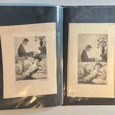 Pockets 40 and 41: Two copies of "Evening Song" etching by Steinberg, one signed, the other unsigned.