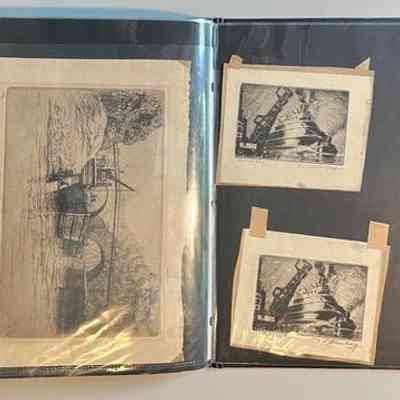 Pockets 42 and 43: Left: "Péniches et le pont Marie, Paris" etching by Caroline Arlington
Right: Two copies of "Puffing Tug" etching by Steinberg