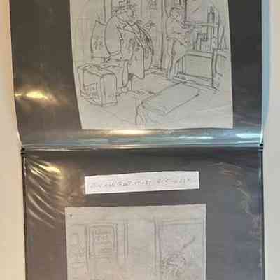 Pockets 46 and 47: Two pencil drawings on tracing paper with label "Grin and Bear It - By Rick Yager"