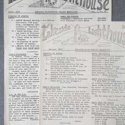September 1976, January 1977 and April 1977 newsletters: 4-6 page photocopied documents include schedules, reminders, requests for materials, contact information, revised rosters,