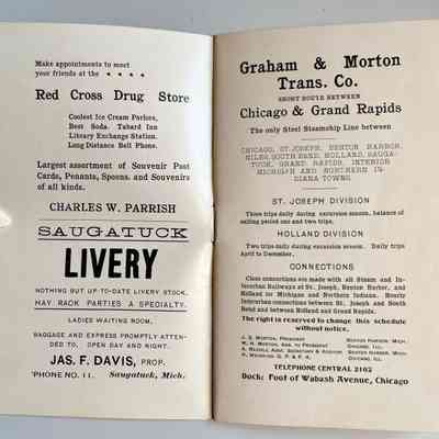 2-3: Ads for Parrish Red Cross Drug Store, Jas. F. Davis Saugatuck Livery, Graham & Morton Transportation Company