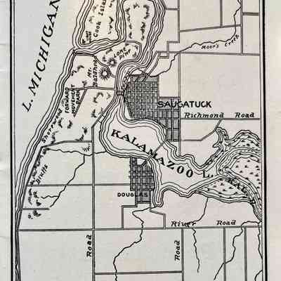 map on page 25 by Tradesman Co., Eng.: Cook Island, Fishtown Trail between Mt. Baldhead and Lone Pine dune, Shorewood, Bluffs, Moor's Creek [Moore's], Richmond Road [Old Allegan Rd.], River Road [Wiley Rd.], Chase Road, Hottle Road [Hooter Road]