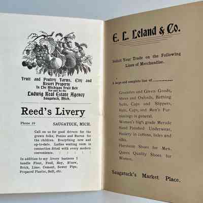 30-31: Ads for Ludwig Real Estate Agency, Reed's Livery, E.L. Leland & Co.