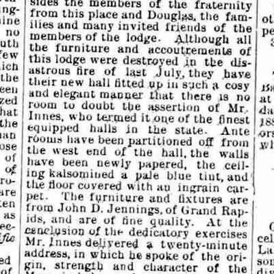 cr1887021101MasonicDedication.jpg: Taylor block Masonic lodge, William P. Innes, old lodge destroyed by fire in July 1886, J.D. Jennings, F.A. Winslow.