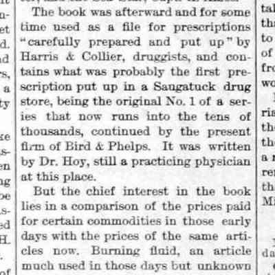 cr1892050601InterestingOldBook.jpg: C.E. Bird's day book of Mr. Harris 1857 that mentions J.P. Wade, F.B. Stockbridge, E. Mix, Thomas McVea, Issac Lamoreux, schooner Three Bells, Scooner Challenge, George W. Read, Sea Star, Captain H. Ames, Harris & Collier druggists, Bird & Phelps, Dr. Hoy,