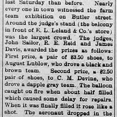 cr1904062404BalloonAscentionResults.jpg: balloon ascension report that mentions E.L. Leland used as farmers' team exhibition judges stand, judges John Sailor, R.E. Reid and James Davis and winners August Lublow, C.M. Devine. The balloon caught fire.