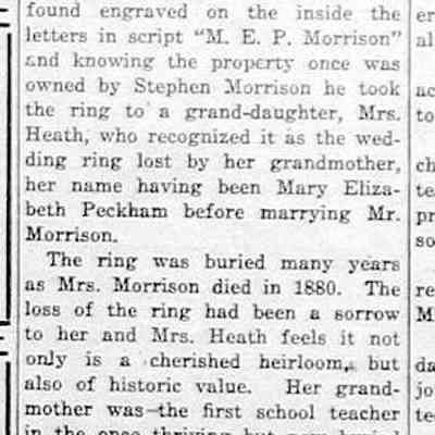 cr1926100801LostWeddingRingFound-Morrison.jpg: Glen Chamberlain finds M.E.P. Morrison, aka Mary Elizabeth Peckham's ring. Mary was the spouse of S.A. Morrison.