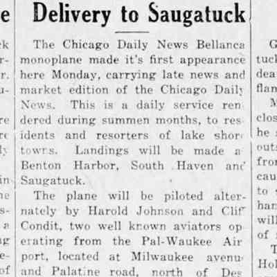 cr1929070501DailyAirplaneDeliverytoSaugatuck.jpg: Chicago Daily News Bellanca monoplane delivers newspapers. Mentions Harold Johnson and Cliff Condit from the Pal-Milwaukee Air Port at Milwaukee Ave. and Palatine Road, north of Des Plaines, Illiois. Papers for sale at Jack Williams' store.