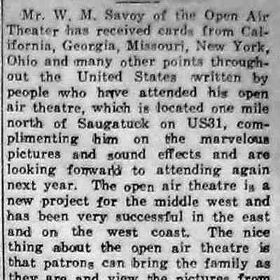 cr1937073008OpenAirTheaterComplemented.jpg: W.M. Savoy's open air theater, located one mile north of Saugatuck on US31, an early drive-in theater.