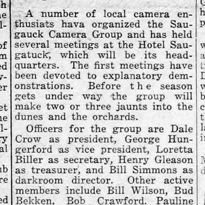 cr1951051101CameraWizDingsOrganize-CharlesMann.jpg: Wiz-Dings Camera club holds meeting at Hotel Saugatuck. Officers include Dale Crow, George Hungerford, Loretta Biller, Henry Gleason, Bill Simmons, Bill Wilson, Bud Bekken, Bob Crawford, Pauline Reiser, Bob Lokker, Ev Thomas, Charles Mann and Erv Kasten