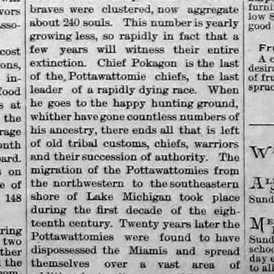 cr1892050601ChiefPokagon-1.jpg: Part 1 of reprint from Grand Rapids Democrat. An example of non-native attitudes toward the Bodéwadmi in the 1890s.