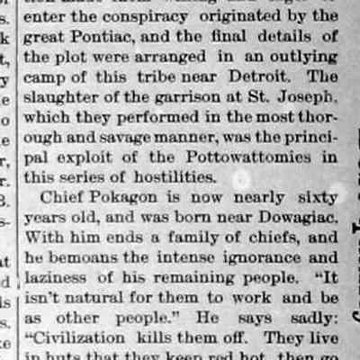 cr1892050601ChiefPokagon-2.jpg: Part 2 of reprint from Grand Rapids Democrat. An example of non-native attitudes toward the Bodéwadmi in the 1890s.