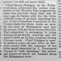          cr1893100601pokogan.jpg; Simon Pokagon at World's Fair for Colombian Exposition Indian Congress, mention of Oak Openings
   