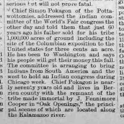 cr1893100601pokogan.jpg: Simon Pokagon at World's Fair for Colombian Exposition Indian Congress, mention of Oak Openings