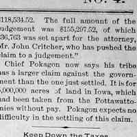          cr1897012201PottawattamieAward-2.jpg; Pottawattomie legal victory for the payment of land treaty annuities. Chief Simon Pokagon to make claim on land in Iowa. Part 2 of 2.
   