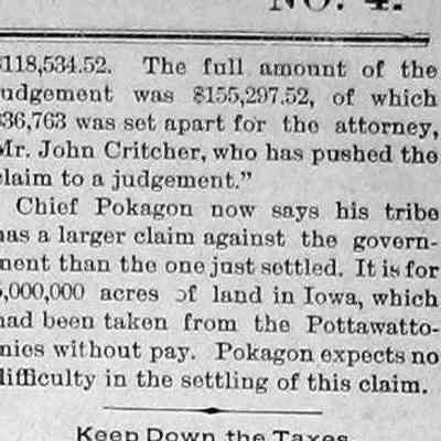 cr1897012201PottawattamieAward-2.jpg: Pottawattomie legal victory for the payment of land treaty annuities. Chief Simon Pokagon to make claim on land in Iowa. Part 2 of 2.
