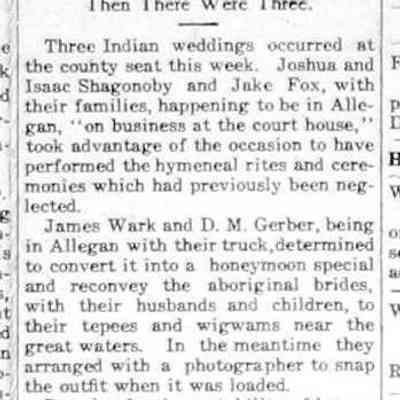 cr1920050701ShagnobyAndFoxWeddings.jpg: Mentions of Joshua Shagonoby, Isaac Shagonoby, Jake Fox, James Wark, D.M. Gerber