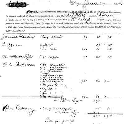 Source: SDHS newsletter pg. 269-270: First shipping order dated June 29, 1875 that details a shipment from agent James Paxton & Co., of Chicago on board the barge G. P. Heath, under the command of Captain R. C. Brittain. The goods were "to be delivered in like good order and condition" to several residents and merchants in the Port of Douglas. Recipients include T. Gray, dry goods dealer, D. C. Putnam who ran a general store at the southwest corner of Spring and Center Streets, the D. Gerber & sons tannery and the Douglas Brewery. Note the large quantity of fish being imported from Chicago.