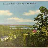          Saugatuck, Michigan, from Top of Mt. Baldhead front; Location Postcards Binder 2 water
   