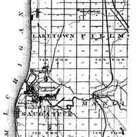          243KB; The land purchases of William G. Butler in Saugatuck and Laketown townships, Allegan County, are marked with diagonal lines in shaded areas. He purchased three separate lots, a total of 83.63 acres in the middle of section 9, which included most of the center portion of the section, on both sides of the Kalamazoo River. In addition to the land entered at the General Land Office, early atlases show that he purchased a great deal of other land in Allegan County, including pine lands upriver on Silver Lake and the small lake in Laketown Township later called Gilliguana Lake. The records are found at www.glorecords.blm.gov
   