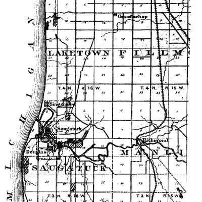 243KB: The land purchases of William G. Butler in Saugatuck and Laketown townships, Allegan County, are marked with diagonal lines in shaded areas. He purchased three separate lots, a total of 83.63 acres in the middle of section 9, which included most of the center portion of the section, on both sides of the Kalamazoo River. In addition to the land entered at the General Land Office, early atlases show that he purchased a great deal of other land in Allegan County, including pine lands upriver on Silver Lake and the small lake in Laketown Township later called Gilliguana Lake. The records are found at www.glorecords.blm.gov